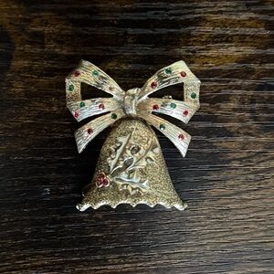 Festive Gold Bell Brooch with Red and Green Accents